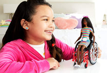 Load image into Gallery viewer, Barbie Fashionistas Doll #166, with Wheelchair &amp; Crimped Brunette Hair Wearing Rainbow-Striped Dress, White Sneakers, Sunglasses &amp; Fanny Pack, Toy for Kids 3 to 8 Years Old