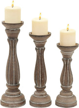 Load image into Gallery viewer, Turned Column Whitewashed Wood Candlesticks, Set of 3: 15", 13", 11"