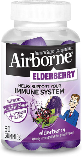 Elderberry 300mg (per serving) + Vitamin C & Zinc - Airborne Gummies (60 Count in a Bottle), Gluten-Free Immune Support Supplement With Vitamins C, D & E, No Artificial Sweeteners & No Color Added