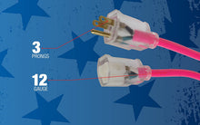Load image into Gallery viewer, Southwire 02577-0A 25-Foot 12/3 Neon Outdoor Extension Cord, Made in the USA, Water Resistant Vinyl Jacket, Reinforced Blades, Clear Molded Plug With Power Indicated Light, Fluorescent Pink