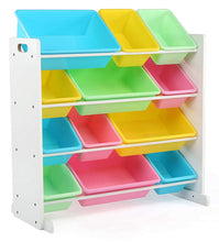 Load image into Gallery viewer, Tot Tutors Kids' Toy Storage Organizer with 12 Plastic Bins, Natural/Primary (Primary Collection)