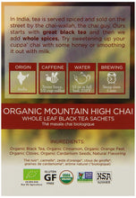 Load image into Gallery viewer, Two Leaves and a Bud Organic Mountain High Chai Tea Bags, Whole Leaf Black Tea Pyramid Sachets, Moderate Caffeine, 15 Count (Pack of 6)