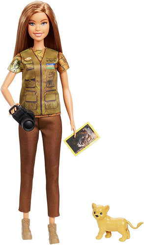 Barbie Photojournalist Doll, Brunette with Lion Cub, Camera and Magazine Cover, Inspired by National Geographic