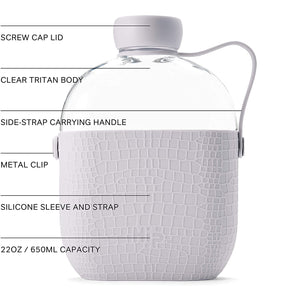 Hip 22-oz Flat Water Bottle Flask with Textured Silicone Sleeve and Carrying Handle - Tritan BPA-Free Plastic (Cloud)