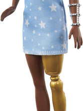 Load image into Gallery viewer, Barbie Fashionistas Doll #146 with 2 Twisted Braids &amp; Prosthetic Leg Wearing Star-Print Dress, White Shoes &amp; Arm Bracelet, Toy for Kids 3 to 8 Years Old