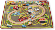 Load image into Gallery viewer, Melissa &amp; Doug Deluxe Multi-Vehicle Activity Rug (39.5" x 36.5") - 19 Vehicles, 12 Wooden Signs, Train Tracks