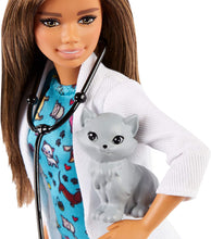 Load image into Gallery viewer, Barbie Pet Vet Brunette Doll with Career Pet-Print Dress, Medical Coat, Shoes and Kitty Patient for Ages 3 and Up , Multi