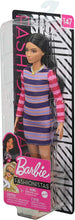 Load image into Gallery viewer, Barbie Fashionistas Doll #147 with Long Brunette Hair Wearing Striped Dress, Orange Shoes &amp; Necklace, Toy for Kids 3 to 8 Years Old