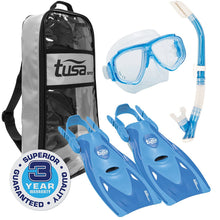 Load image into Gallery viewer, TUSA Sport Adult Splendive Mask, Hyperdry II Snorkel, and fins Travel Set, Blue