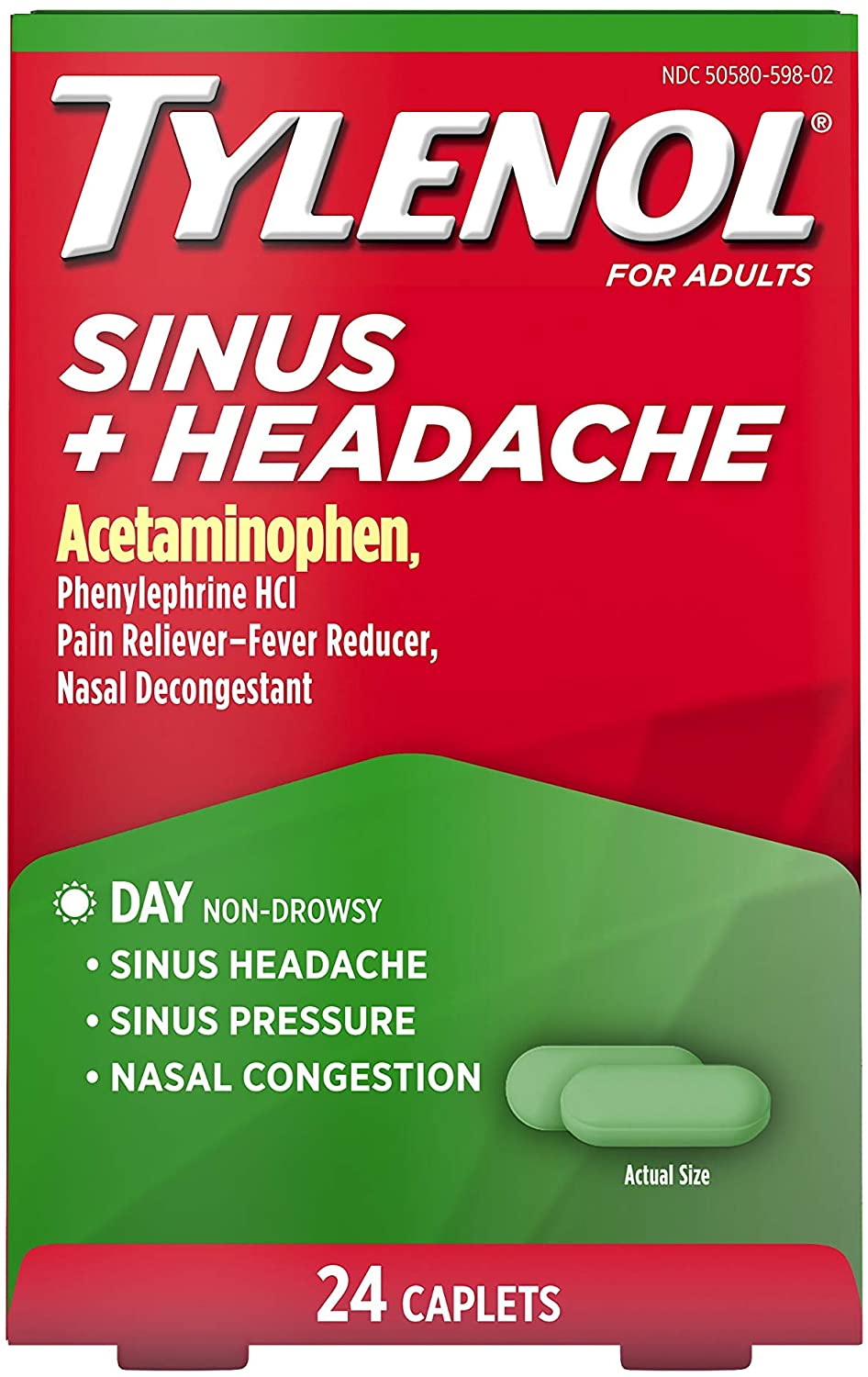 Tylenol Sinus + Headache Non-Drowsy Daytime Caplets with Acetaminophen & Phenylephrine HCl, 24 ct