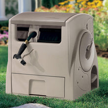 Load image into Gallery viewer, Suncast Powerwind 12 Volt Automatic Hose Reel - Rechargeable Garden Hose Reel with' Pedal Operation, Lid, and Slide Trak Hose Guide - 100' Hose Capacity - Taupe
