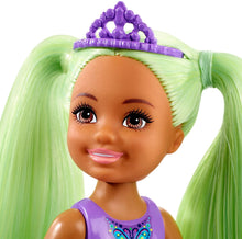 Load image into Gallery viewer, Barbie Dreamtopia Chelsea Sprite Doll, 7-inch, with Green Hair Wearing Fashion and Accessories, Multi (GJJ95)