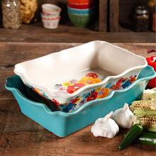 Load image into Gallery viewer, The Pioneer Woman Flea Market 2-Piece Decorated Rectangular Ruffle Top Ceramic Bakeware Set