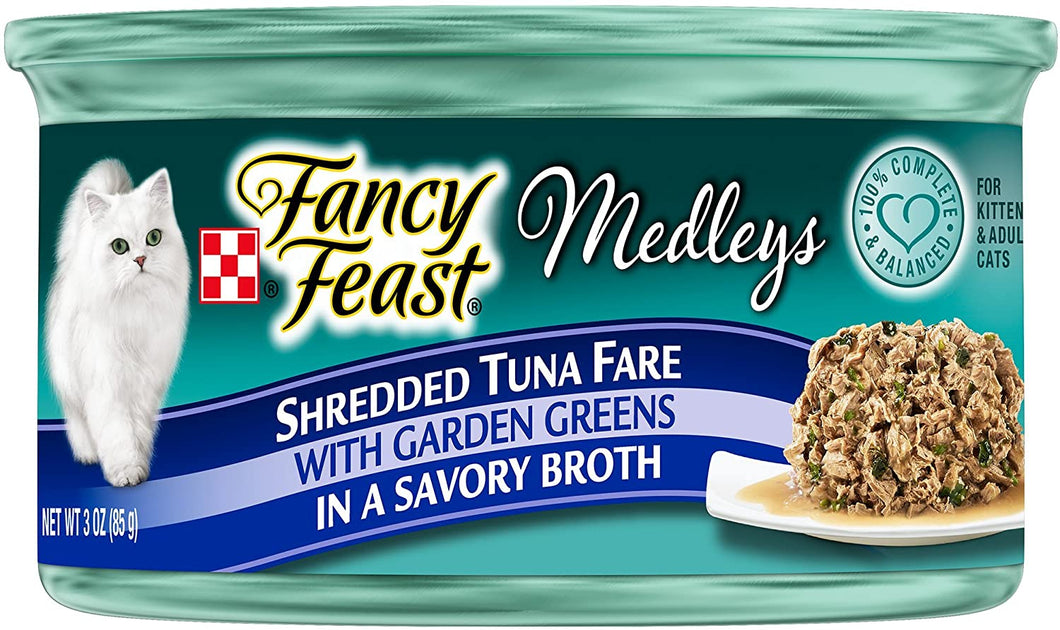 Fancy Feast Elegant Medley`s Shreeded Yellowtail Tuna Fare w/ Garden Greens Canned Cat Food 24 - 3oz Cans