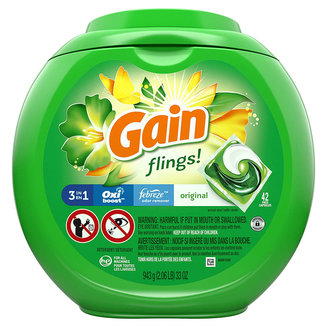 Gain Flings Liquid Laundry Detergent, Original Scent, 42 Count, HE Compatible