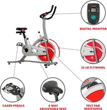 Load image into Gallery viewer, Sunny Health &amp; Fitness Indoor Exercise Stationary Bike with Digital Monitor, 22 LB Chromed Flywheel