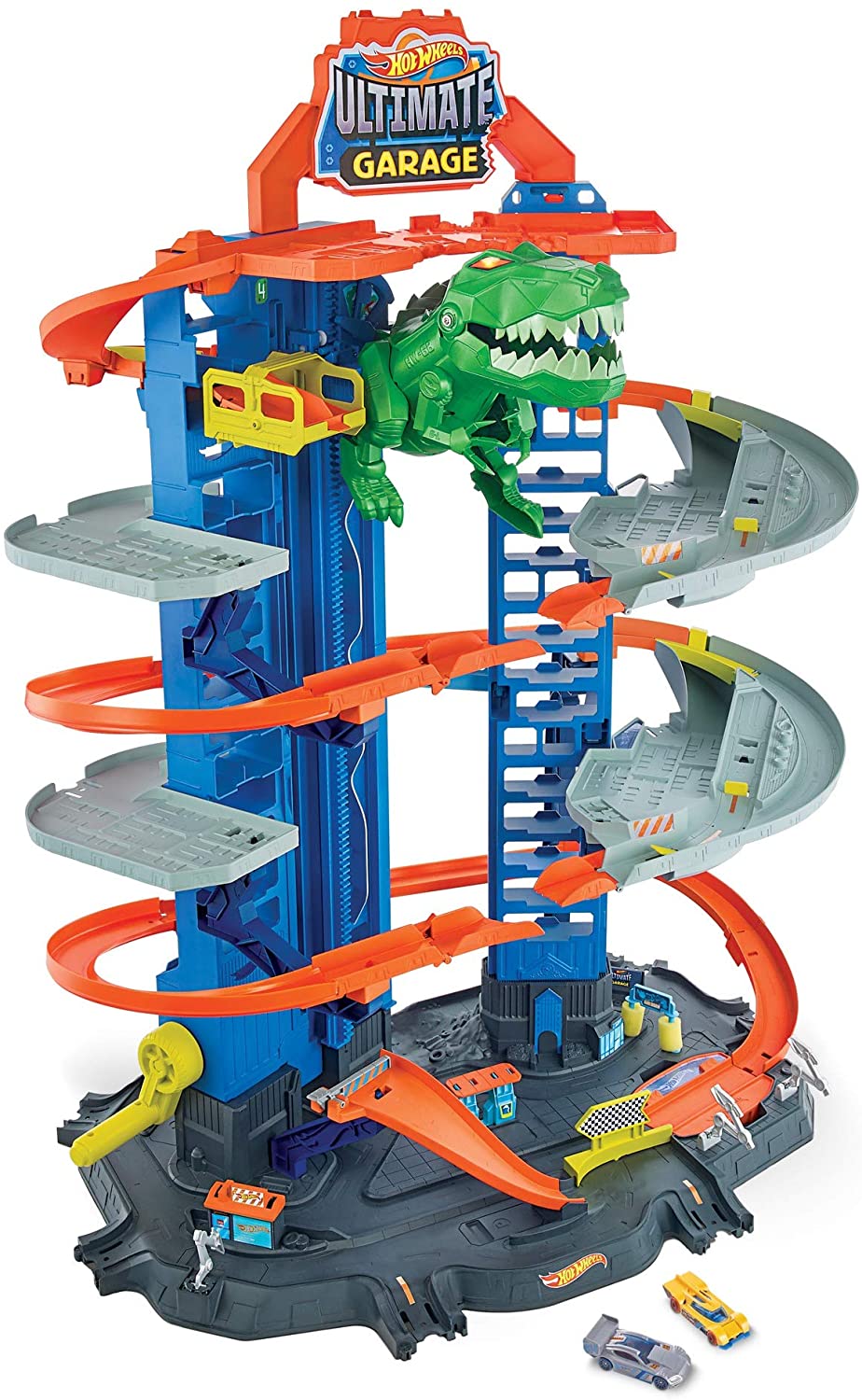 Hot Wheels City Ultimate Garage Track Set with 2 Toy Cars, Garage Playset Features Multi-Level Racetrack, Moving T-Rex Dino & Storage for 100+ 1:64 Scale Vehicles, Toy Gift for Kids 3 Years & Older