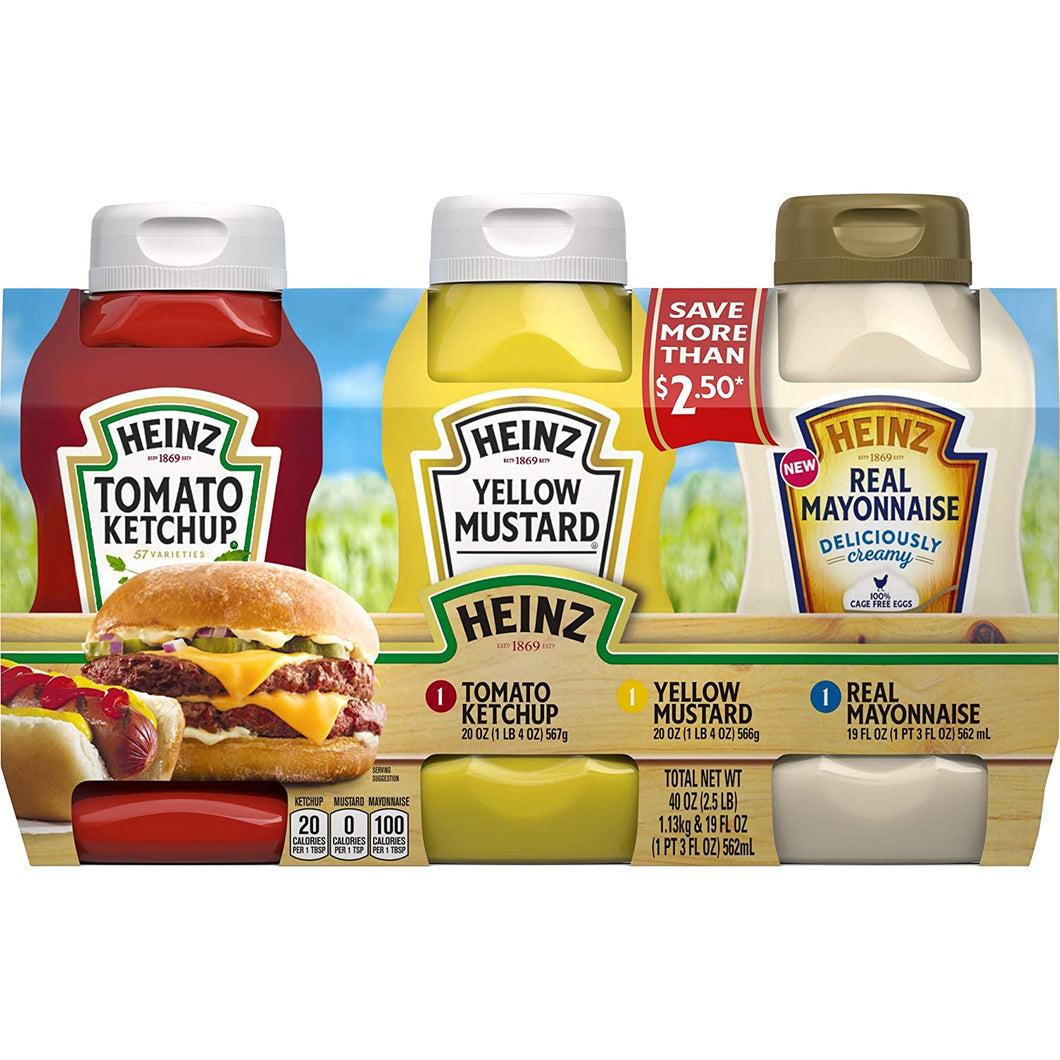 Heinz Tomato Ketchup, Yellow Mustard and Real Mayonnaise Variety Pack (49 oz Pack, Pack of 3)