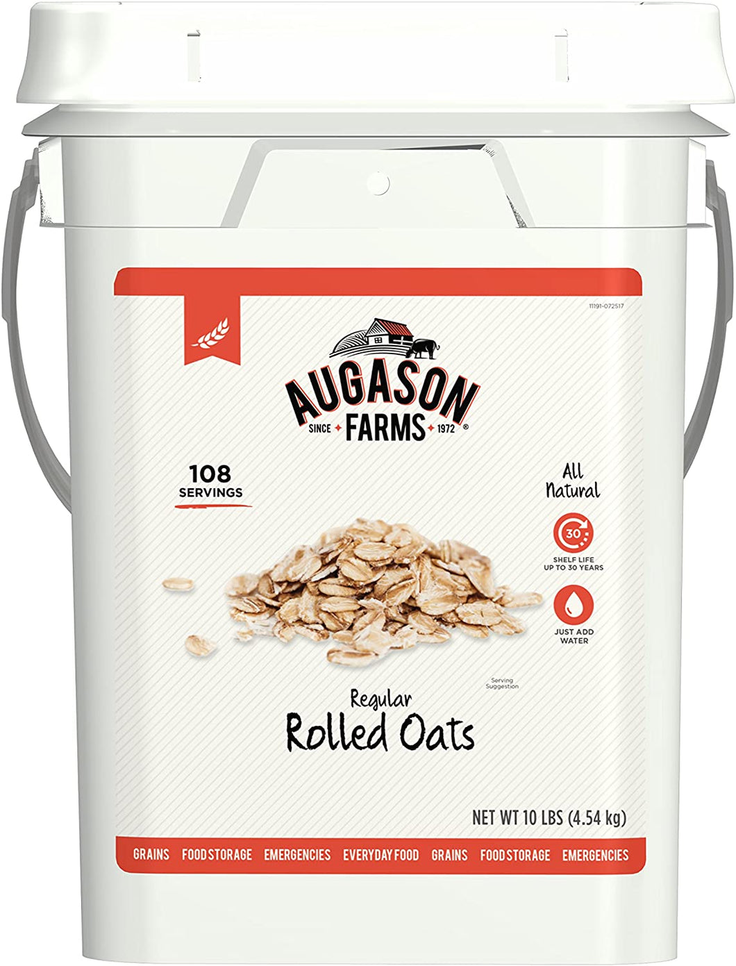 Augason Farms Regular Rolled Oats Emergency Food Storage 10 Pound Pail