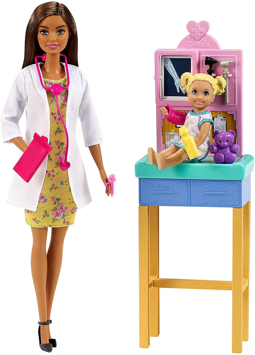 Barbie Pediatrician Playset, Brunette Doll (12-In/30.40-cm), Exam Table, X-Ray, Stethoscope, Tool, Clip Board, Patient Doll, Teddy Bear, Great Gift for Ages 3 Years Old & Up