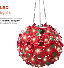 Load image into Gallery viewer, Alpine Corporation QLP924SLR-RD Solar Christmas Hanging Poinsettia Ornament with LED Light Indoor and Outdoor Festive Holiday Décor, 8-Inch, Red