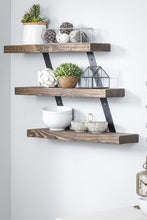 Load image into Gallery viewer, Del Hutson Designs Industrial Metal Bracket Three-Tier Natural Wood Floating Shelf Set Rustic Farmhouse Kitchen, Bath, Laundry, Dorm