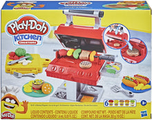 Load image into Gallery viewer, Play-Doh Kitchen Creations Grill 'n Stamp Playset for Kids 3 Years and Up with 6 Non-Toxic Modeling Compound Colors and 7 Barbecue Toy Accessories