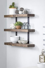 Load image into Gallery viewer, Del Hutson Designs Industrial Metal Bracket Three-Tier Natural Wood Floating Shelf Set Rustic Farmhouse Kitchen, Bath, Laundry, Dorm
