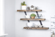 Load image into Gallery viewer, Del Hutson Designs Industrial Metal Bracket Three-Tier Natural Wood Floating Shelf Set Rustic Farmhouse Kitchen, Bath, Laundry, Dorm