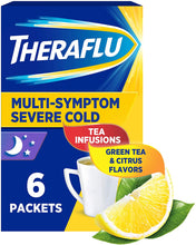 Load image into Gallery viewer, Theraflu Nighttime Multi-Symptom Severe Cold Hot Liquid Powder Green Tea and Citrus Flavors Box, 6 Count