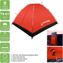 Load image into Gallery viewer, 2-Person Tent, Water Resistant Dome Tent for Camping with Removable Rain Fly and Carry Bag, Lost River 2 Person Tent by Wakeman Outdoors (Red/Gray) (75-CMP1021)