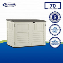 Load image into Gallery viewer, Suncast 5' x 3' Horizontal Stow-Away Storage Shed - Natural Wood-like Outdoor Storage for Trash Cans and Yard Tools - All-Weather Resin, Hinged Lid, Reinforced Floor - Vanilla and Stoney