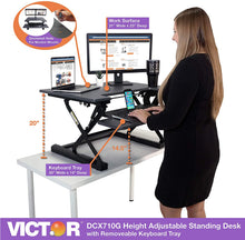 Load image into Gallery viewer, Victor DCX710G High Rise Collection Height Adjustable Standing Desk with Keyboard Tray (Gray) - Sturdy Steel Frame, Dual Lever Release System, 2 Tiered Wooden Work Surface and Keyboard Tray