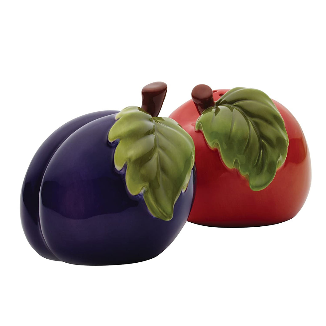 BonJour Dinnerware Orchard Harvest Stoneware 2-Piece Salt and Pepper Shaker Set, Peach and Plum