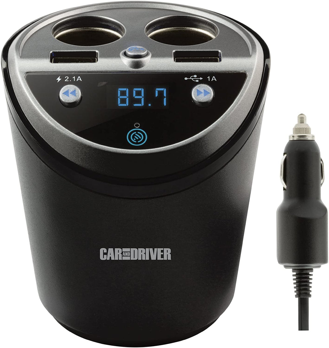 CAR AND DRIVER Bluetooth FM Transmitter Cup Holder for Car with Built-in Dual USB Fast Charging Ports & Dual Cigarette Lighter 12V Power Sockets. Audio Adapter Receiver Wireless. Handsfree Car Kit