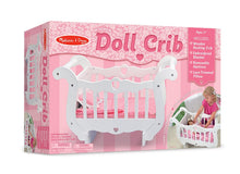 Load image into Gallery viewer, Melissa &amp; Doug White Wooden Doll Crib With Bedding (30 x 18 x 16 inches)