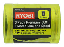 Load image into Gallery viewer, Ryobi One PLUS+ AC80RL3 OEM .080 Inch Twisted Line and Spool Replacement for Ryobi 18v, 24v, and 40v Cordless Trimmers (3 Pack)