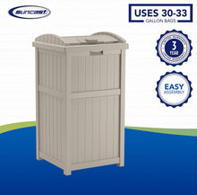 Load image into Gallery viewer, Suncast 33 Gallon Hideaway Trash Can for Patio - Resin Outdoor Trash with Lid - Use in Backyard, Deck, or Patio - Taupe