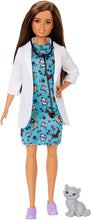 Load image into Gallery viewer, Barbie Pet Vet Brunette Doll with Career Pet-Print Dress, Medical Coat, Shoes and Kitty Patient for Ages 3 and Up , Multi