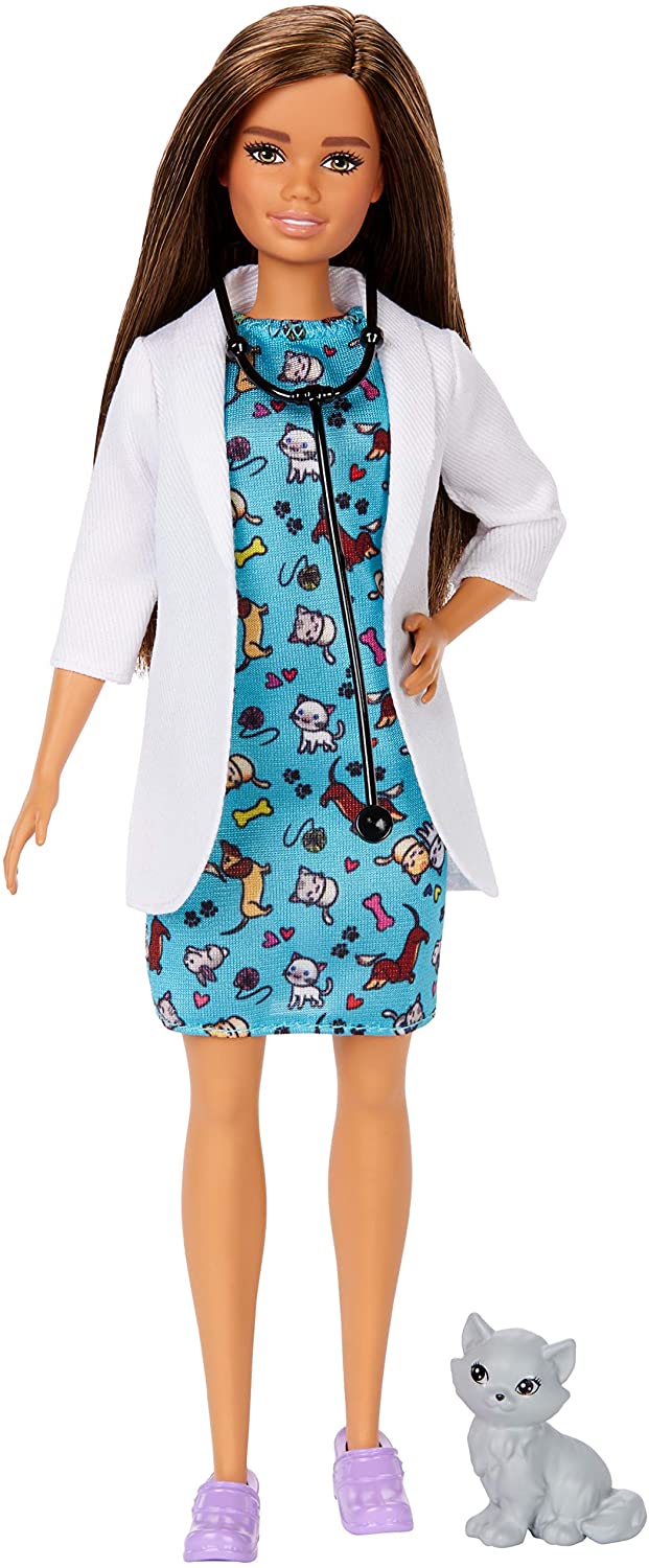 Barbie Pet Vet Brunette Doll with Career Pet-Print Dress, Medical Coat, Shoes and Kitty Patient for Ages 3 and Up , Multi