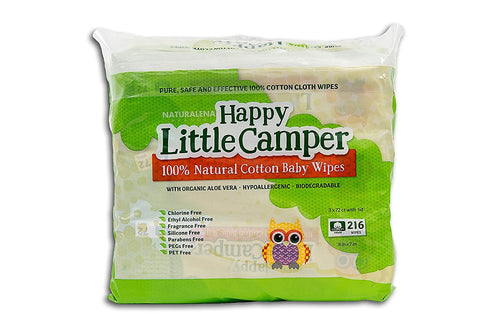 Happy Little Camper Baby Wipes, Natural All-Cotton with Organic Aloe, for Sensitive Skin, 216 Count