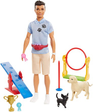 Load image into Gallery viewer, Ken Dog Trainer Playset with Doll, 2 Dog Figures, Hoop Ring, Balance Bar, Jumping Bar, Trophy and 2 Winner Ribbon