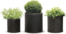 Load image into Gallery viewer, Keter Resin Wicker Cylinder Flower Pot Set of 3 Small, Medium, and Large Planters with Drainage Plugs for Outdoor or Indoor Plants
