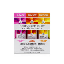 Load image into Gallery viewer, Bare Republic Mineral Sunscreen and Sunblock Neon Stick with Zinc Oxide, Broad Spectrum SPF 50, Reef Friendly, Sunset 3 Pack, 0.3 Oz Each