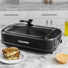 Load image into Gallery viewer, Kalorik, GR 45386 BK, Indoor Smokeless Grill with Tempered Glass Lid, Removable Grill Plate, Drip Tray, Digital Temperature Control LED Display, Precise Cooking up to 460 Degrees.