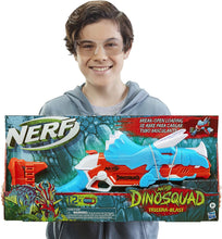 Load image into Gallery viewer, NERF DinoSquad Tricera-Blast Dart Blaster, Break-Open 3-Dart Loading, 12 Official Darts, Dart Storage, Triceratops Dinosaur Design