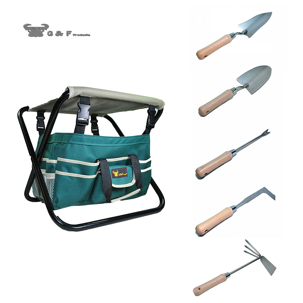 G & F Products 7 Piece All-in-One Premium Garden Tool Set,Heavy Duty Folding Stool, Detachable Canvas Tool Bag and Heavy Duty Steel Tools
