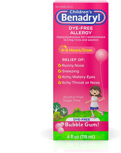 Childrens Benadryl Bubble Gum! Allergy Relief Oral Solution 4 fl. oz Box - 36 per case.