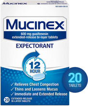 Load image into Gallery viewer, Chest Congestion, Mucinex Expectorant 12 Hour Extended Release Tablets, 20ct, 600mg Guaifenesin with Extended Relief of Chest Congestion Caused by Excess Mucus. Thins and Loosens Mucus