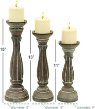 Load image into Gallery viewer, Turned Column Whitewashed Wood Candlesticks, Set of 3: 15", 13", 11"